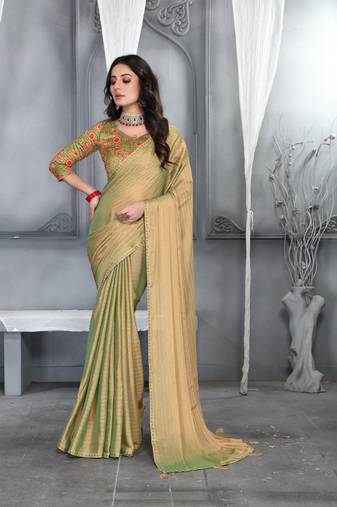 Beige Sequence With Digital Printed Silk Moss Designer Saree With Blouse