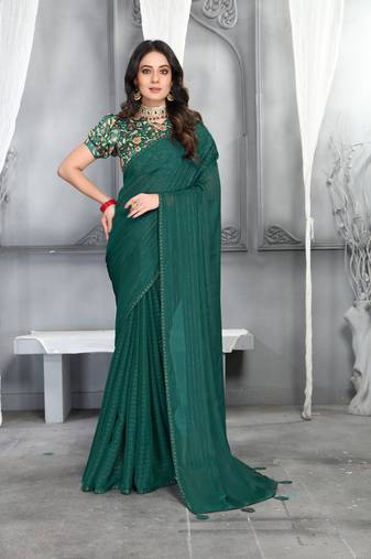 Bottle Green Sequence With Digital Printed Silk Moss Designer Saree With Blouse