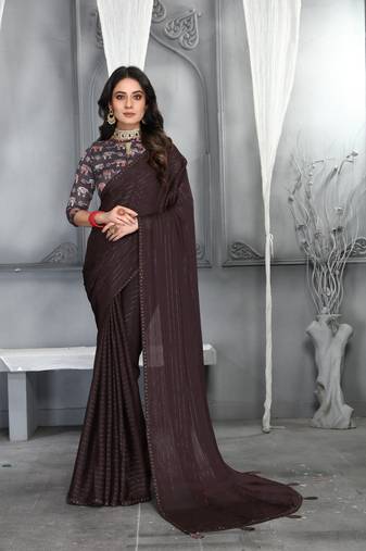 Coffee Sequence With Digital Printed Silk Moss Designer Saree With Blouse