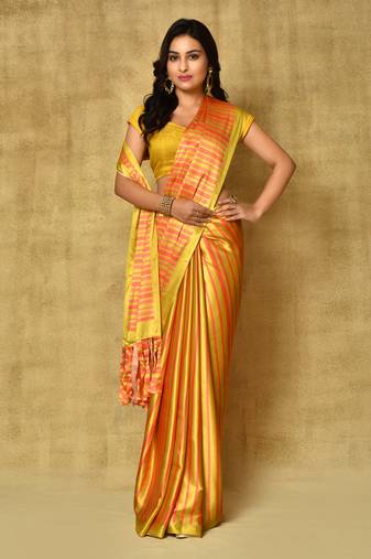 Women'S Orange Digital Printed Pure Japan Satin Saree With Blouse