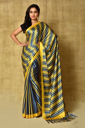 Women'S Navy Blue Digital Printed Pure Japan Satin Saree With Blouse
