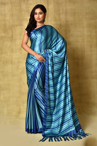 Women'S Blue Digital Printed Pure Japan Satin Saree With Blouse