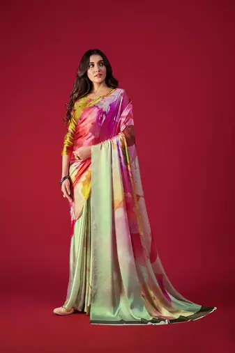 Women'S Multicolor Digital Printed Satin Crepe Saree With Blouse