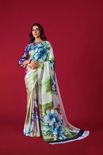 Women'S Multicolor Digital Printed Satin Crepe Saree With Blouse