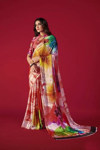 Women'S Multicolor Digital Printed Satin Crepe Saree With Blouse