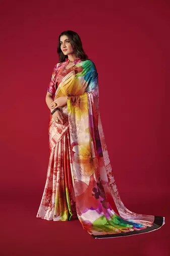 Women'S Multicolor Digital Printed Satin Crepe Saree With Blouse