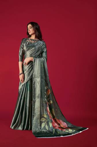 Women'S Multicolor Digital Printed Satin Crepe Saree With Blouse