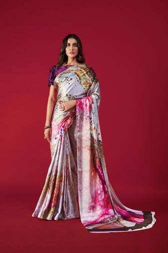 Women'S Multicolor Digital Printed Satin Crepe Saree With Blouse