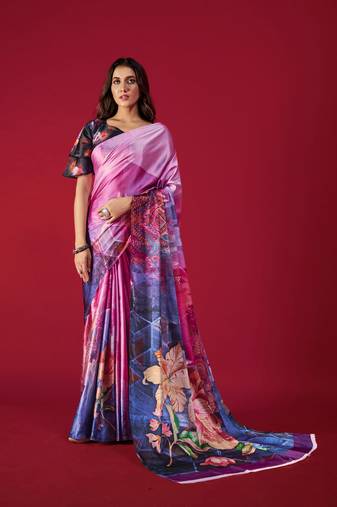 Women'S Multicolor Digital Printed Satin Crepe Saree With Blouse