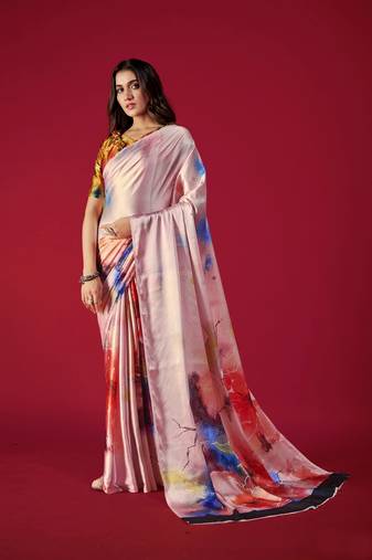 Women'S Multicolor Digital Printed Satin Crepe Saree With Blouse