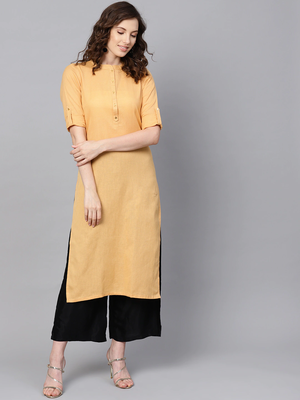 women beige cotton solid straight kurta 1