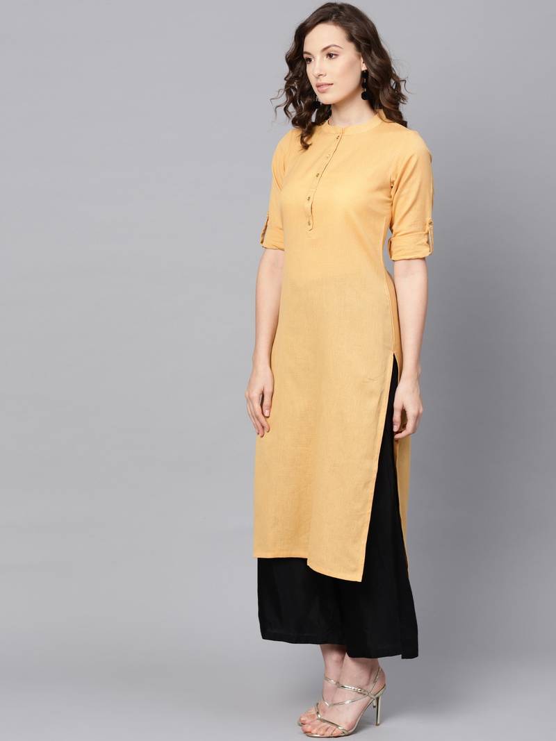 women beige cotton solid straight kurta
