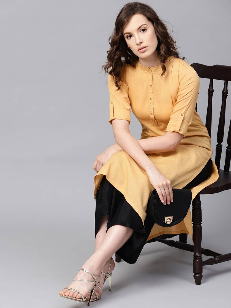 women beige cotton solid straight kurta