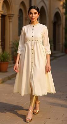 women cream viscose rayon solid anarkali kurta 1