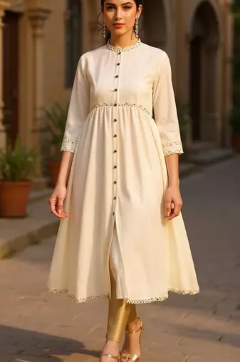 women cream viscose rayon solid anarkali kurta