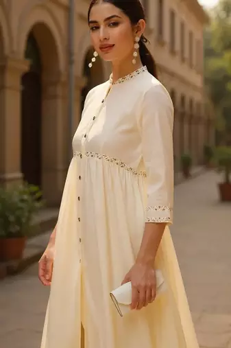 women cream viscose rayon solid anarkali kurta