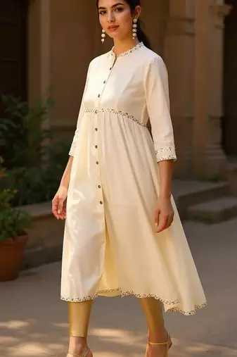 women cream viscose rayon solid anarkali kurta