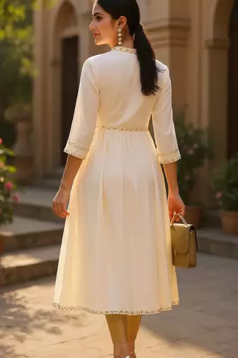 women cream viscose rayon solid anarkali kurta