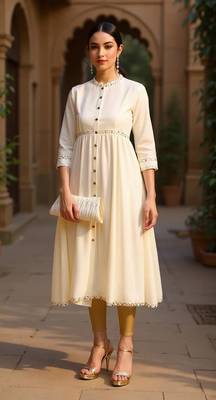 women cream viscose rayon solid anarkali kurta 5