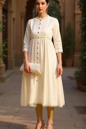 women cream viscose rayon solid anarkali kurta