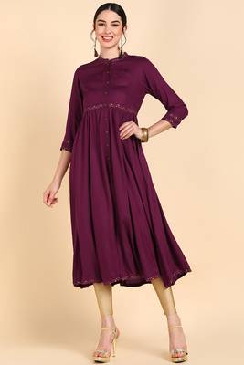 women burgundy viscose rayon solid anarkali kurta 1