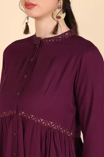 women burgundy viscose rayon solid anarkali kurta