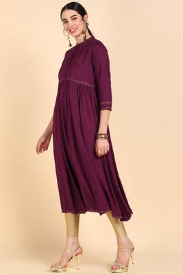 women burgundy viscose rayon solid anarkali kurta 3