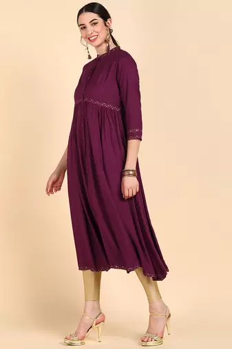 women burgundy viscose rayon solid anarkali kurta