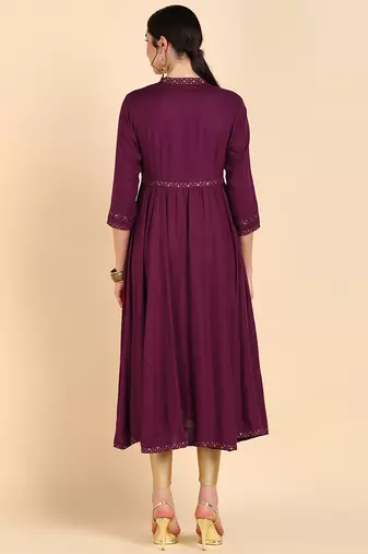 women burgundy viscose rayon solid anarkali kurta