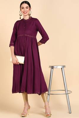 women burgundy viscose rayon solid anarkali kurta 5