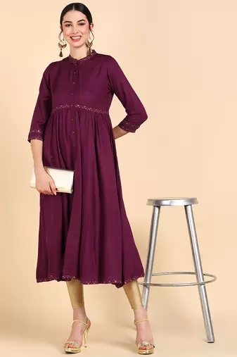women burgundy viscose rayon solid anarkali kurta