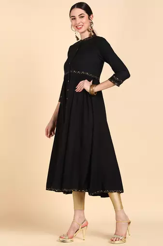 women black viscose rayon solid anarkali kurta