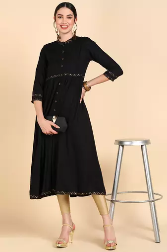 women black viscose rayon solid anarkali kurta