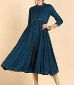 women teal viscose rayon solid anarkali kurta