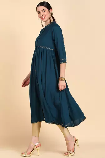 women teal viscose rayon solid anarkali kurta