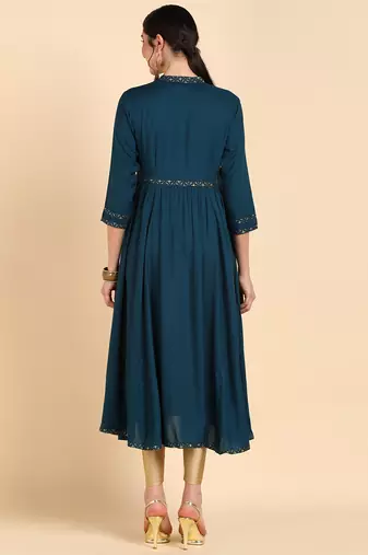 women teal viscose rayon solid anarkali kurta