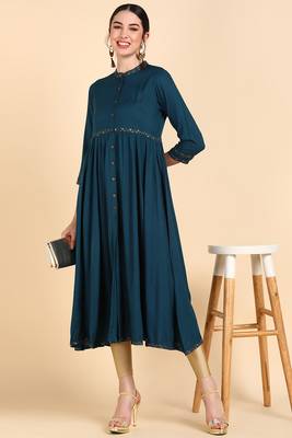 women teal viscose rayon solid anarkali kurta 5