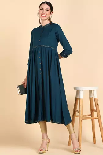 women teal viscose rayon solid anarkali kurta