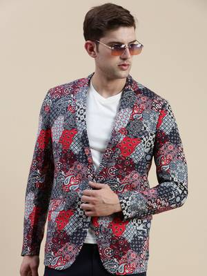 men's printed slim fit mandarin collar multi single-breasted blazer 1
