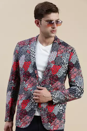 men's printed slim fit mandarin collar multi single-breasted blazer