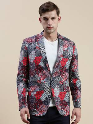 men's printed slim fit mandarin collar multi single-breasted blazer 2