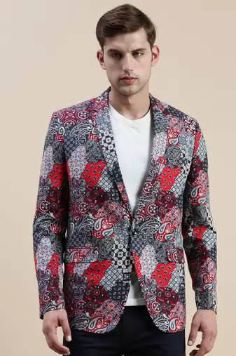 men's printed slim fit mandarin collar multi single-breasted blazer