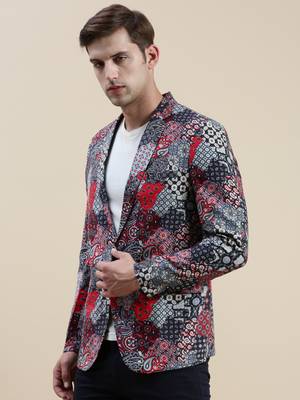 men's printed slim fit mandarin collar multi single-breasted blazer 3