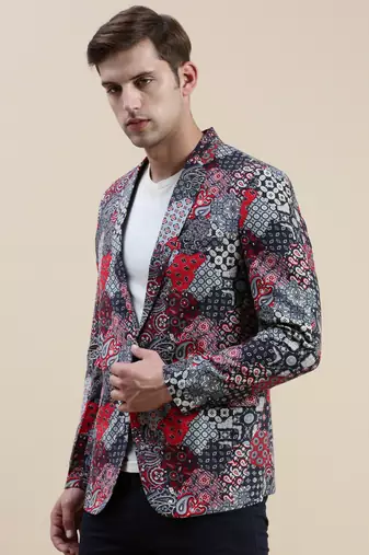men's printed slim fit mandarin collar multi single-breasted blazer