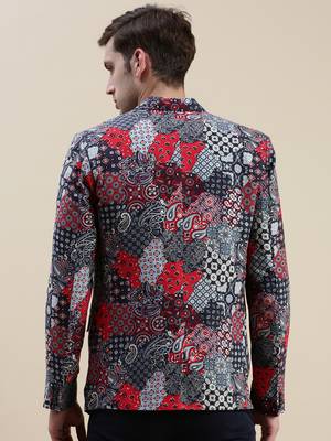 men's printed slim fit mandarin collar multi single-breasted blazer 4