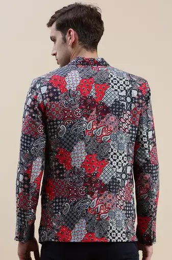 men's printed slim fit mandarin collar multi single-breasted blazer