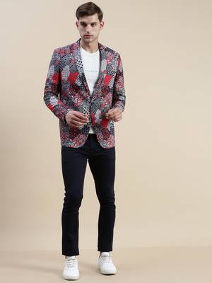 men's printed slim fit mandarin collar multi single-breasted blazer 5