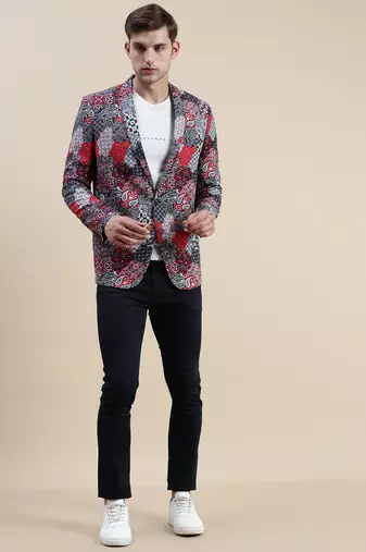 men's printed slim fit mandarin collar multi single-breasted blazer