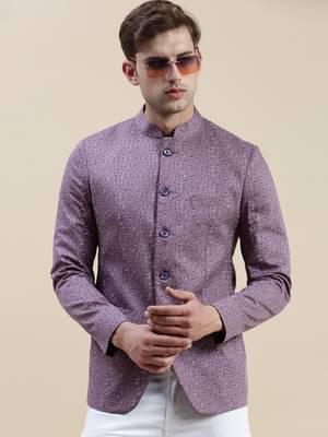 Showoff men's printed slim fit mandarin collar lavender bandhgala blazer 1