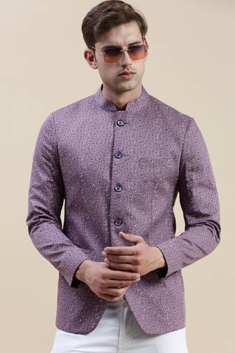 Showoff men's printed slim fit mandarin collar lavender bandhgala blazer
